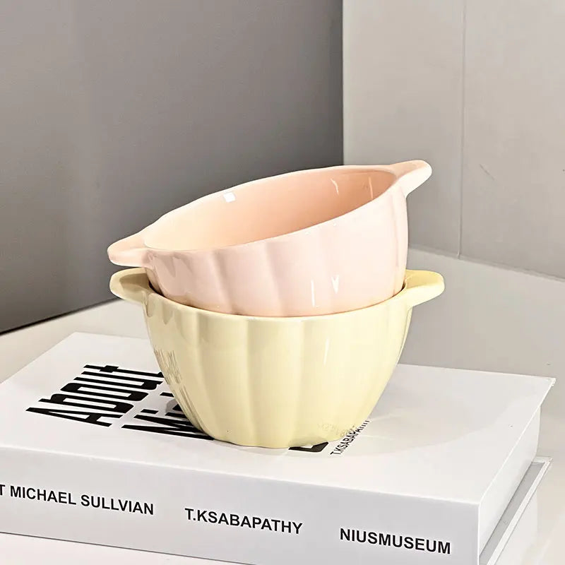 Ceramic Double-Handle Pumpkin Bowl | Versatile Tableware for All Meals