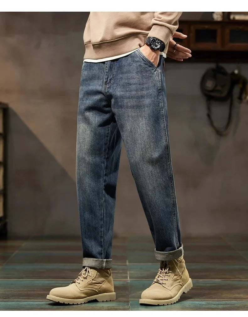 Retro American Style Men's Jeans | Loose Straight-Leg Denim Pants