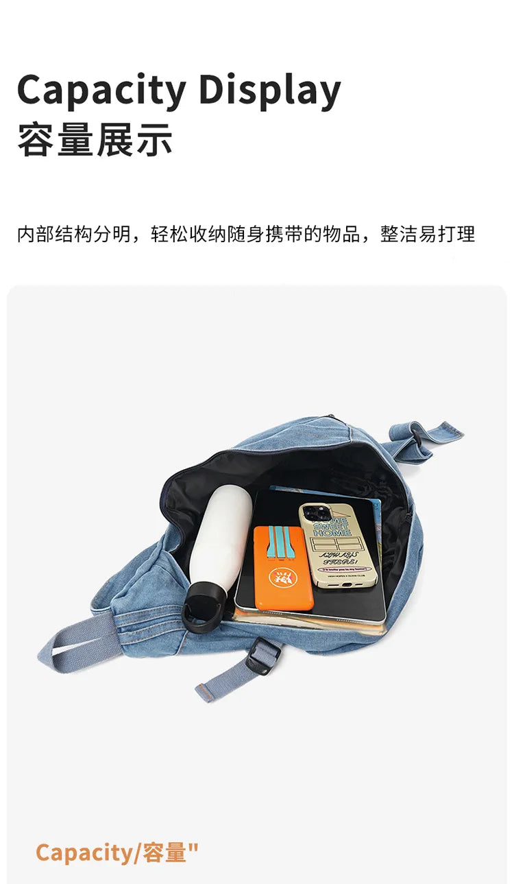Vintage Washed Denim Sling Bag Man Woman Multifunction Retro Large Capacity Portable Motorcycle Chest Bag