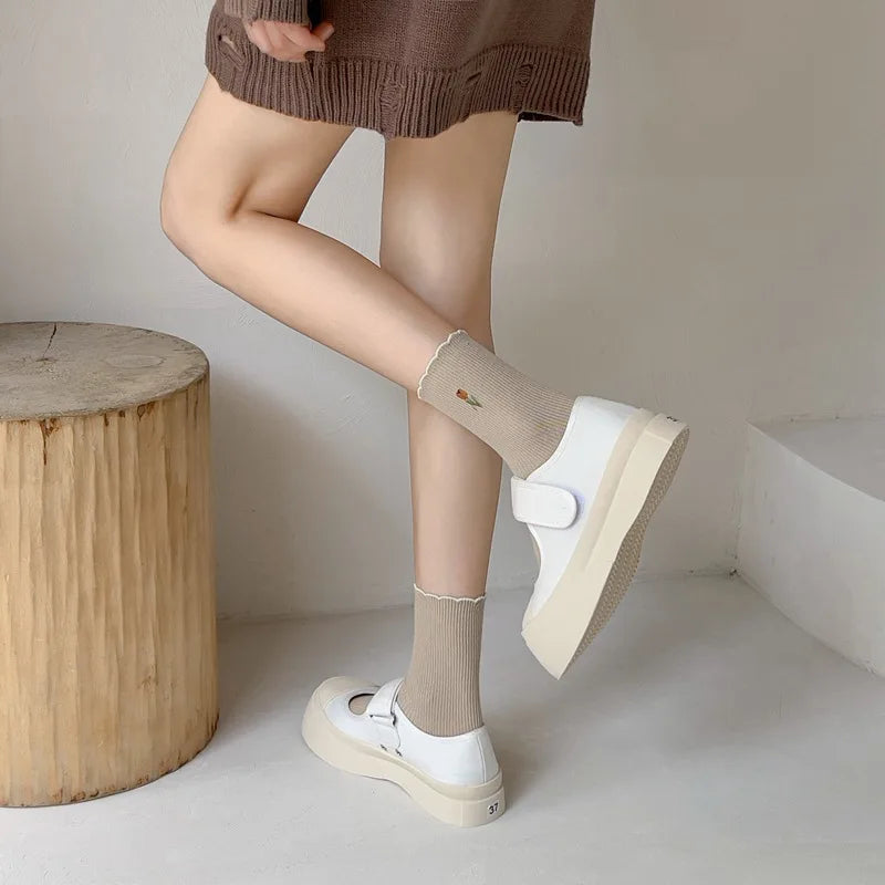 Women's Autumn Floral Embroidery Crew Socks | Cute Kawaii Style