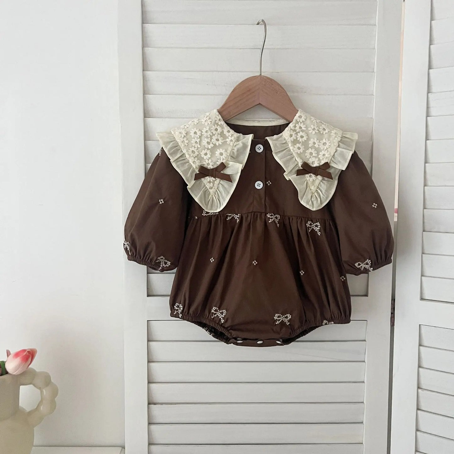 Cute Baby Girls Bow Lace Embroidery Bodysuit & Dress Set