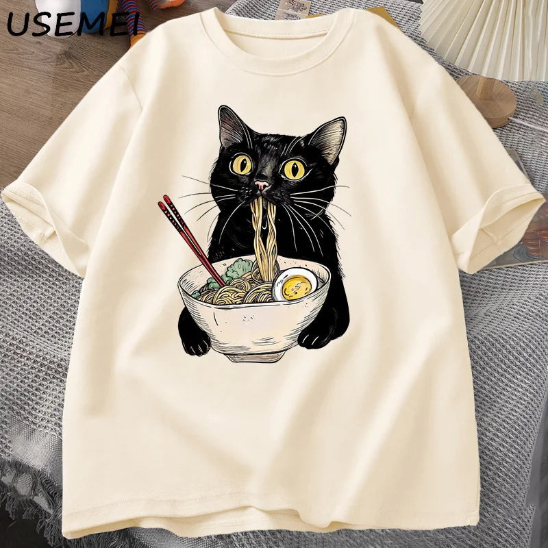 Funny Cat Noodle T-Shirt | Retro Casual Tee for Food Lovers