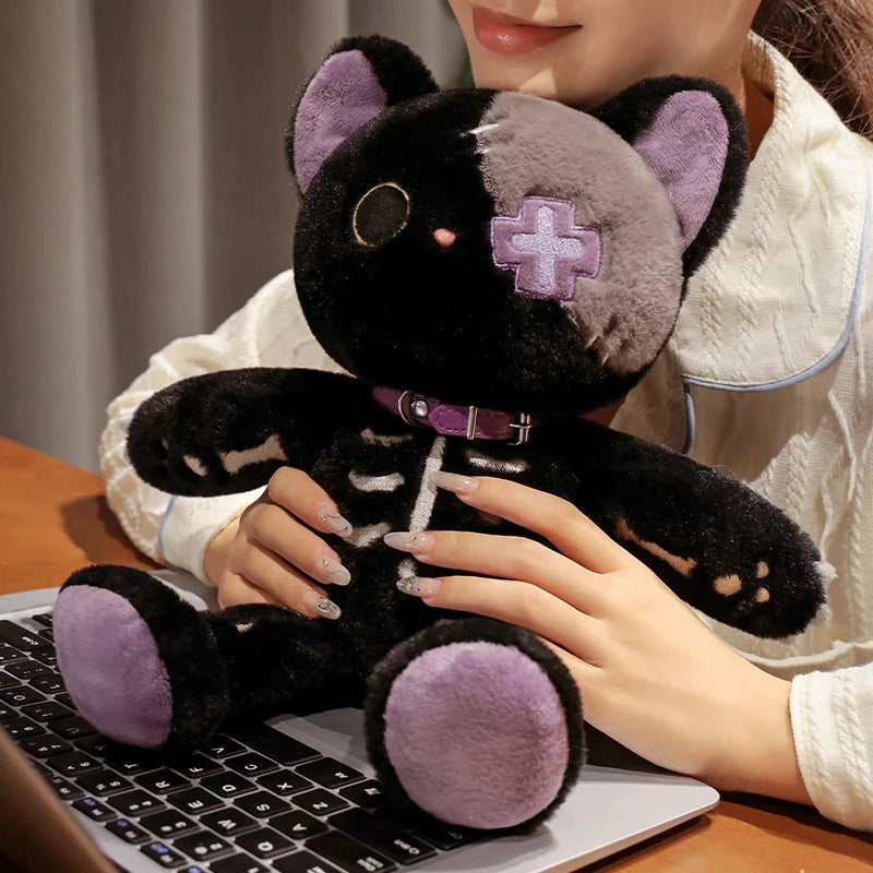 Kawaii Black Skeleton Cat Plush Toy | Fluffy Gothic Stuffed Animal
