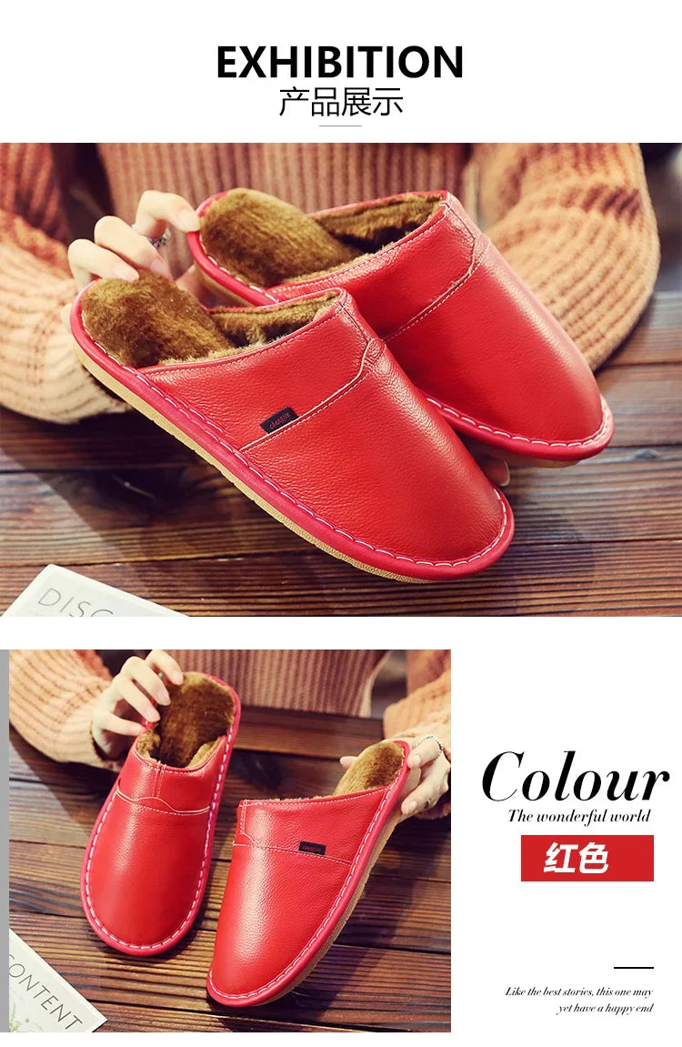 Couples Leather Plush Winter Slippers | Cozy Waterproof Shoes
