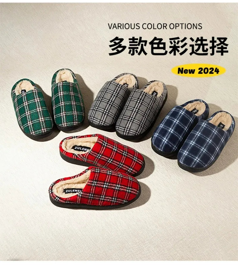 Men's Striped Plaid Fleece Slippers | Warm Cozy House Shoes