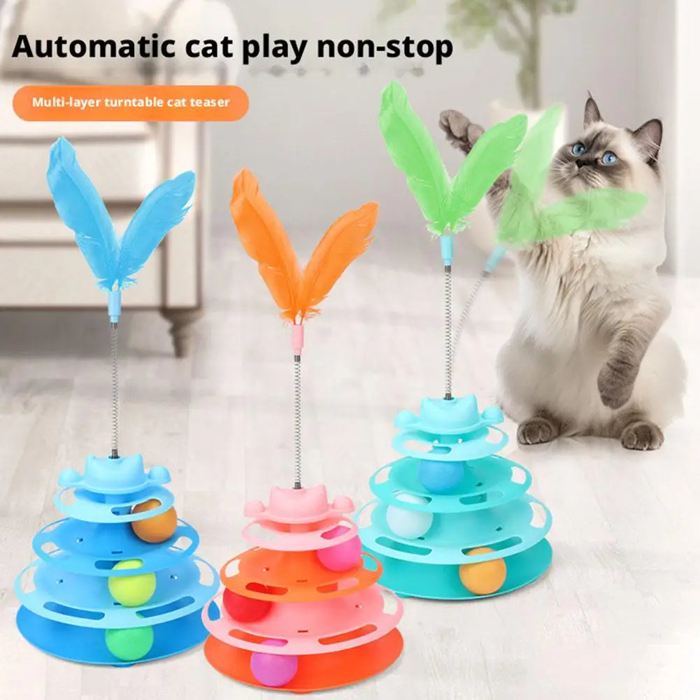 Pattern Feather Cat Toy, Three-layer Rotating Tower with Ball, Indoor Cat Interactive Fun&Christmas, New Year Pet Toys