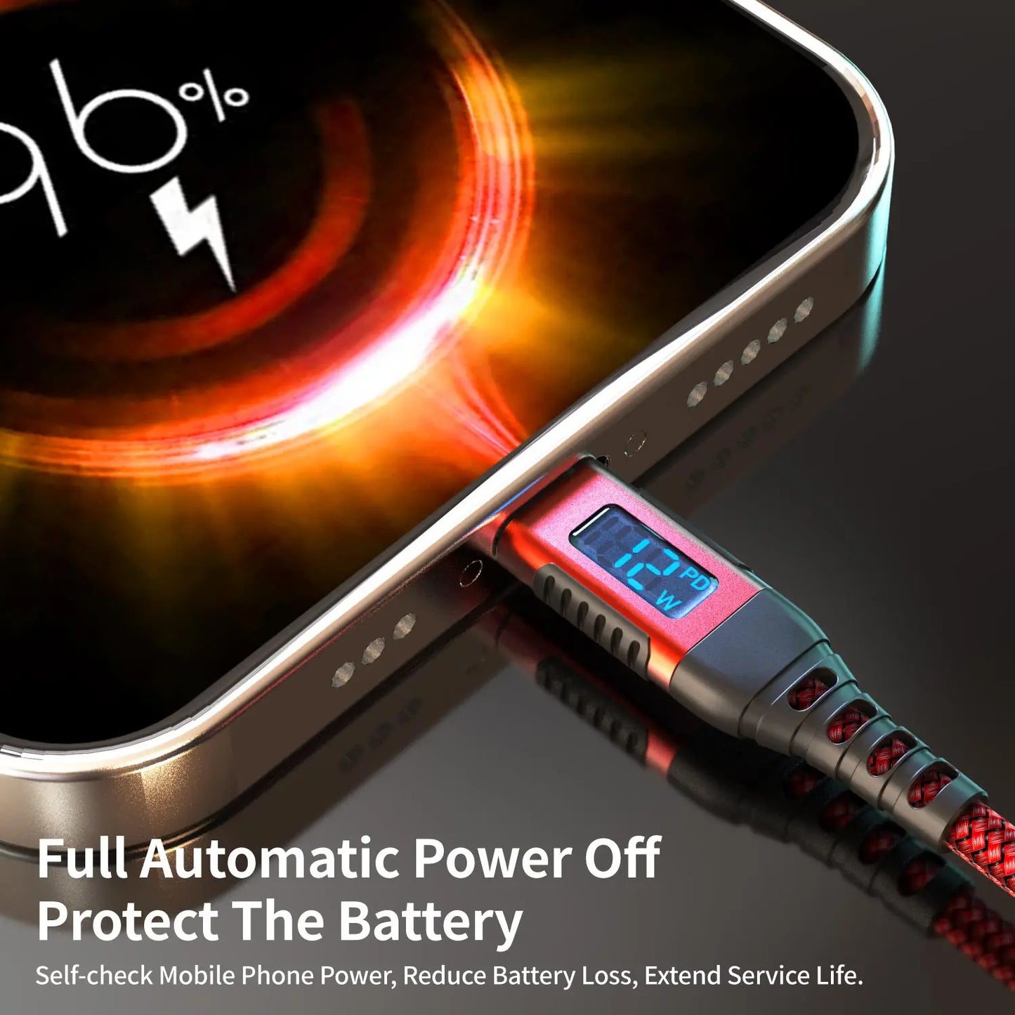 MFi-Certified USB-A to Lightning Fast Charging Cable with LED Display, 12W Fast Charge for iPhone 8-14 & iPad