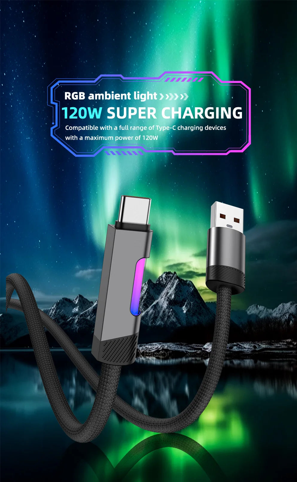 RGB Fast Charging Cable | 120W 6A USB Type C with Ambient Light