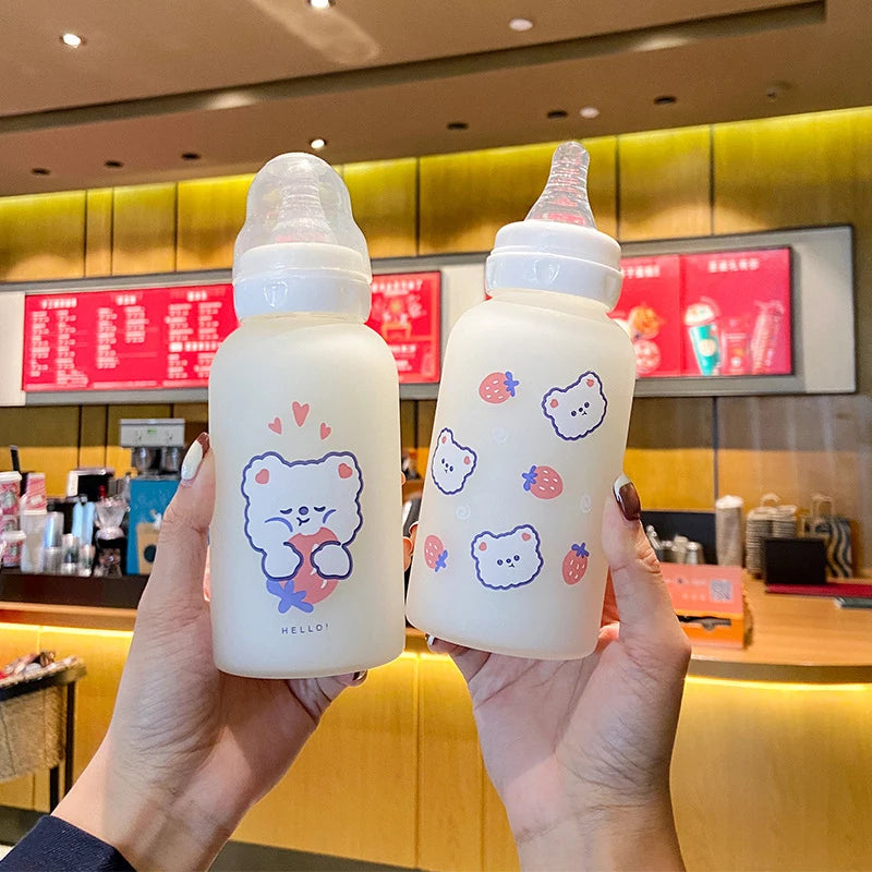 Kawaii Strawberry Bear Glass Water Bottle | Cute & Eco-Friendly