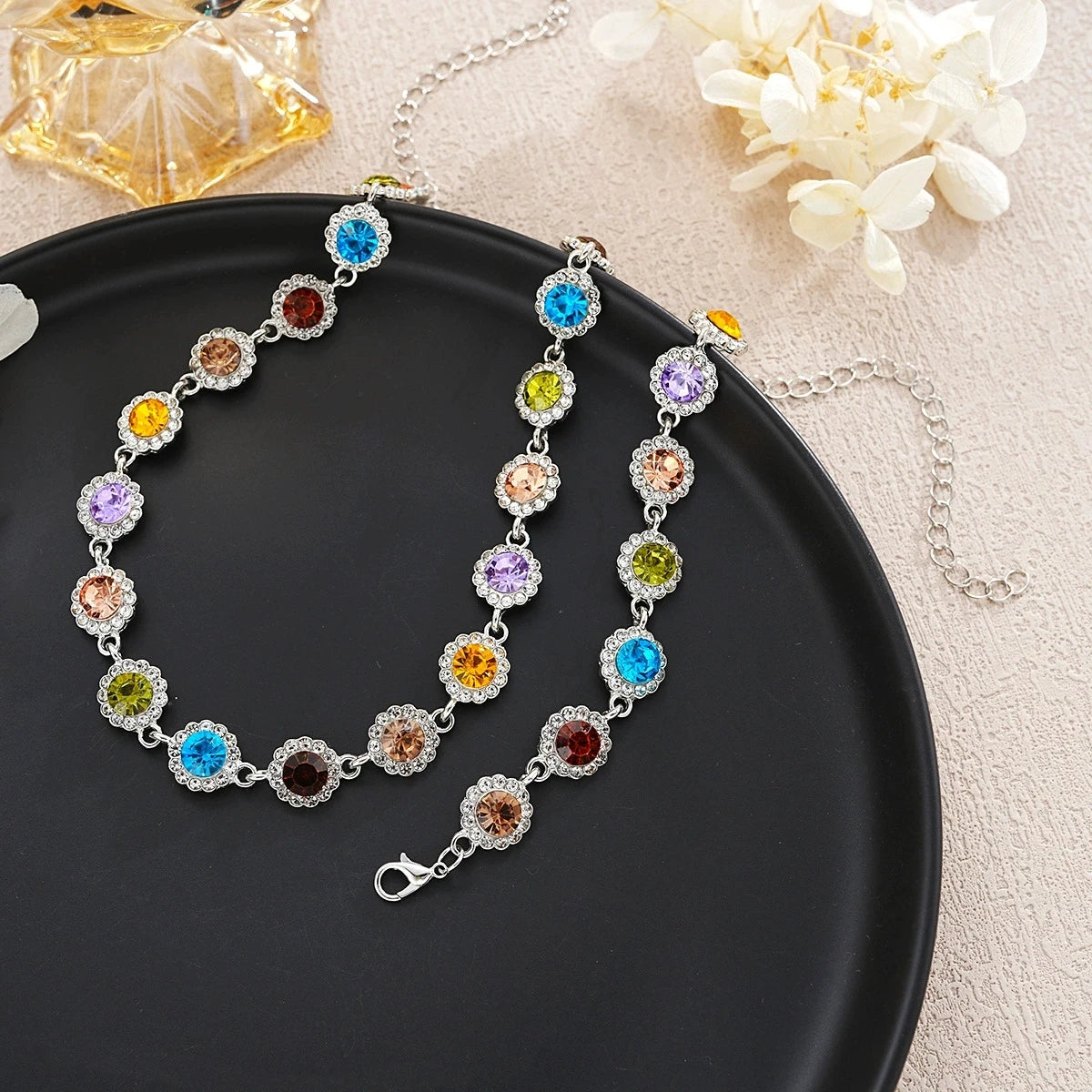 Colorful Crystal Choker Necklace and Bracelet Set for Women