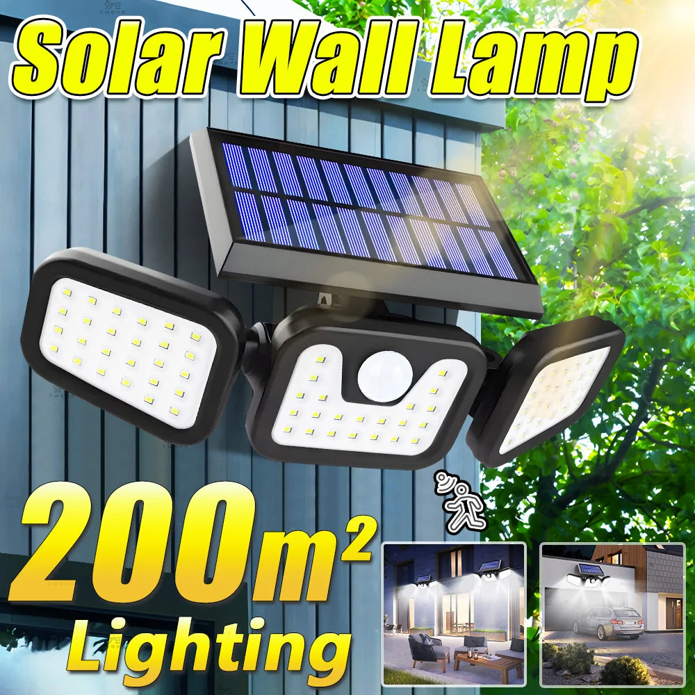 Luces solares ajustables de 3 cabezales | Lámparas de pared para exteriores con sensor de movimiento