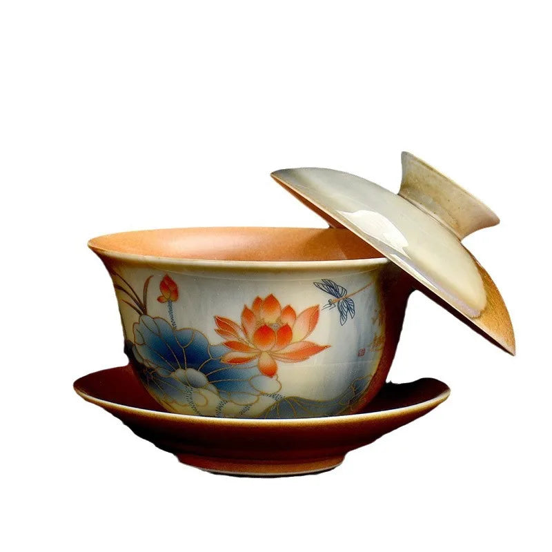 Hand Painted Lotus Gaiwan Tea Tureen | Vintage Ceramic Teacups