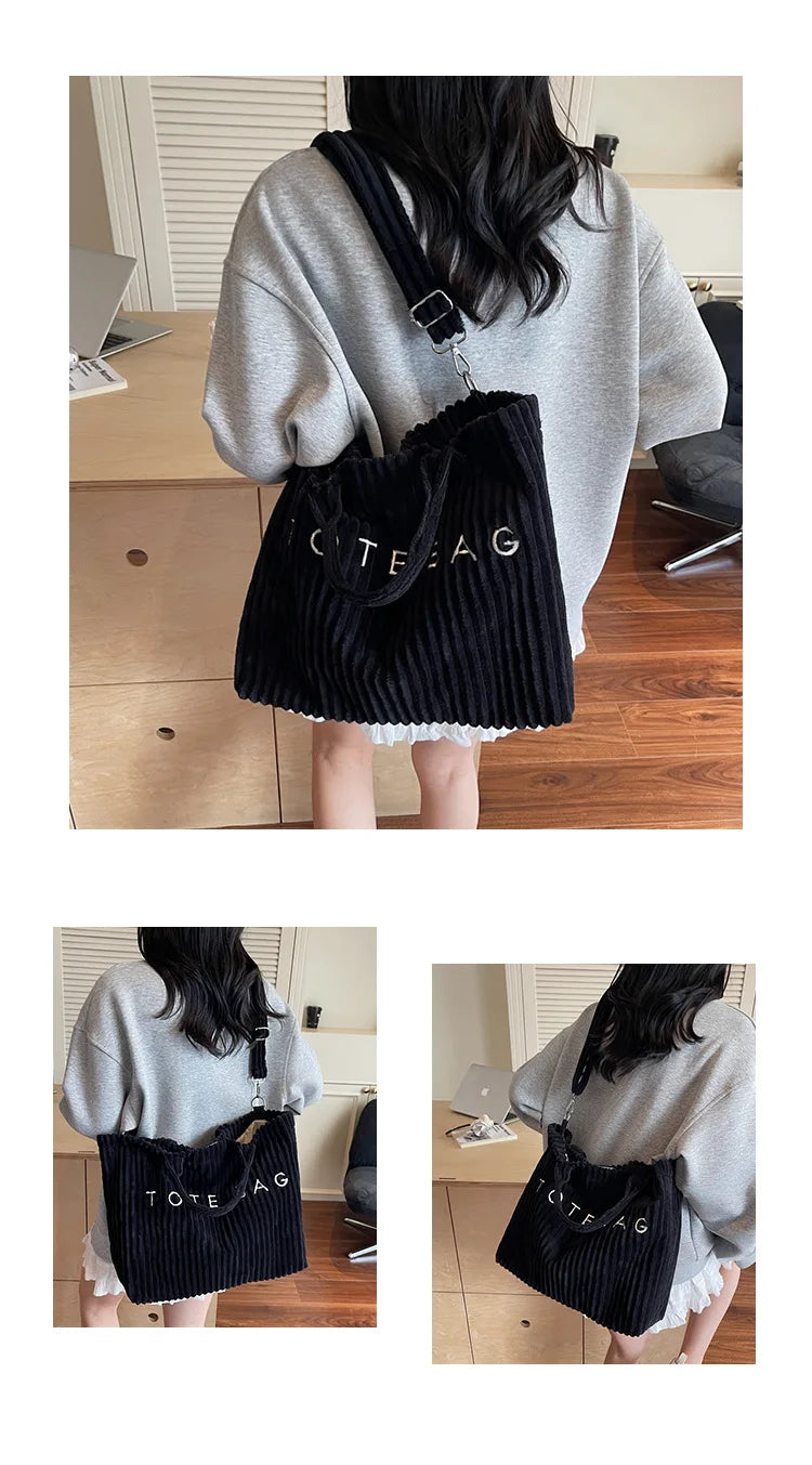 Bolso de mano de terciopelo a rayas de gran capacidad | Bolso tote elegante y versátil