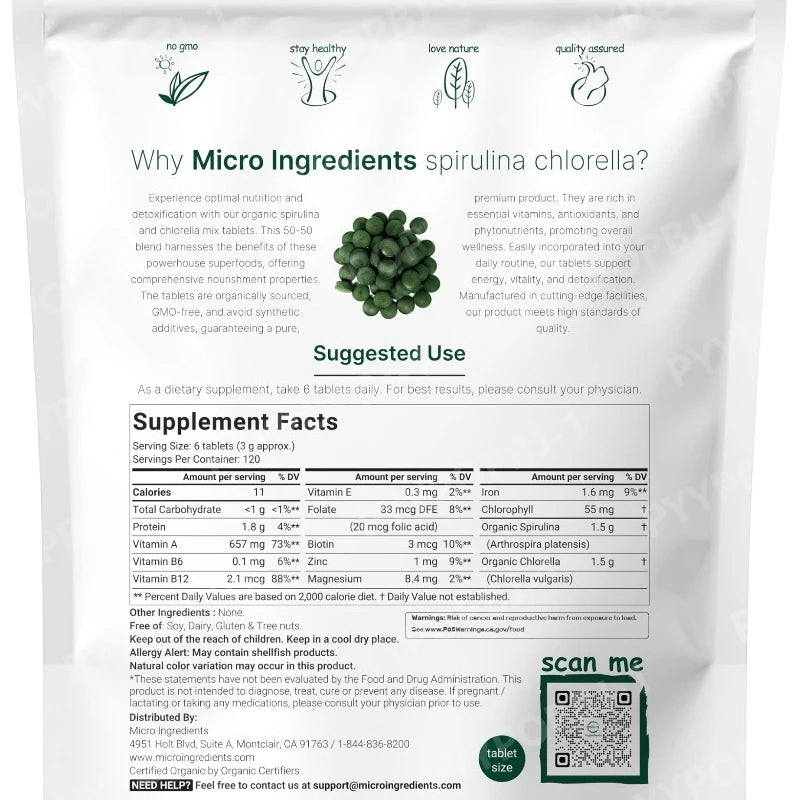 Organic Spirulina Chlorella Tablets - Vegan Superfood Blend