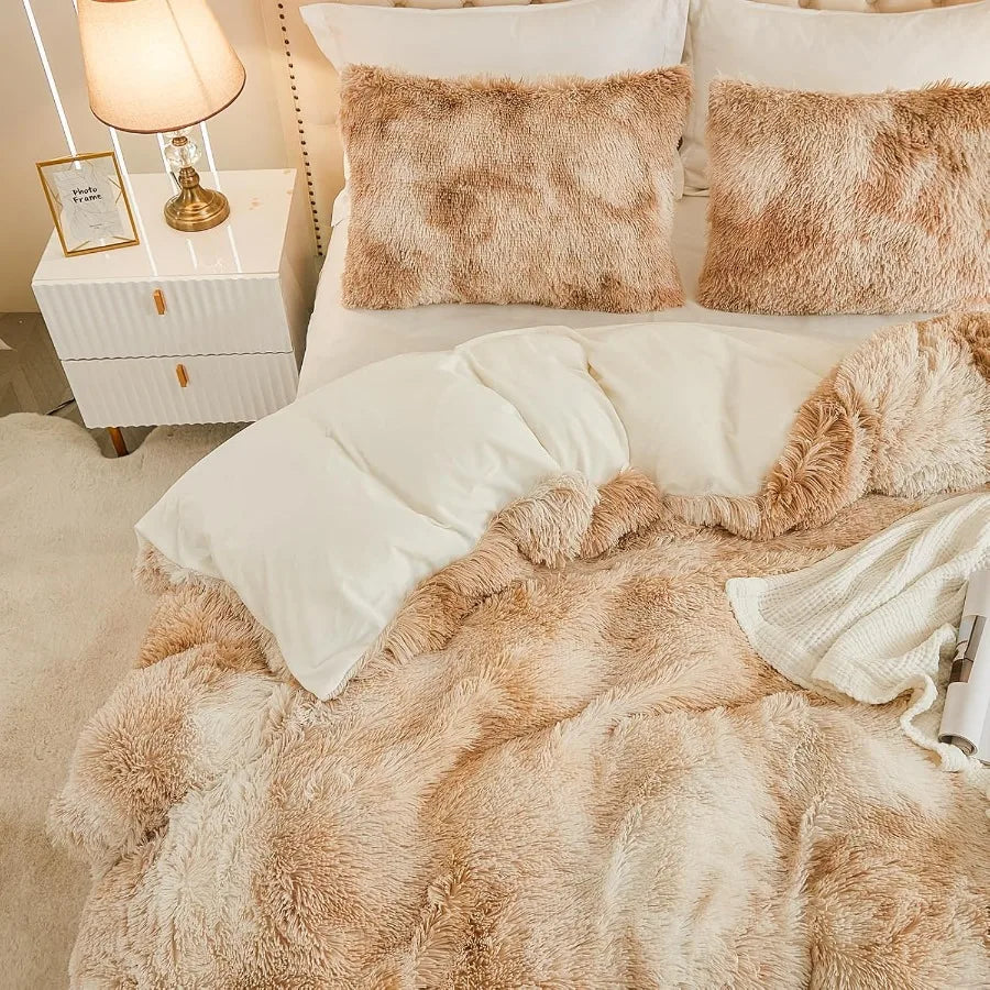 Twin Size Khaki Fuzzy Duvet Cover Set | Cozy Plush Bedding
