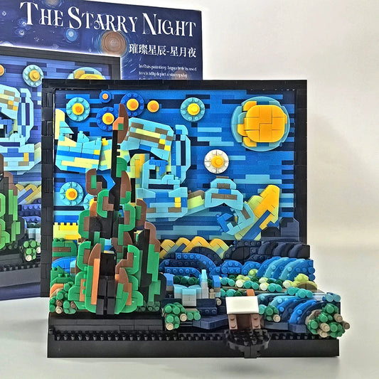 Creative Starry Night Art Building Blocks — Vincent Van Gogh Inspired Display Model, Collector Brick Set for Kids & Adults, Compatible Mini Blocks