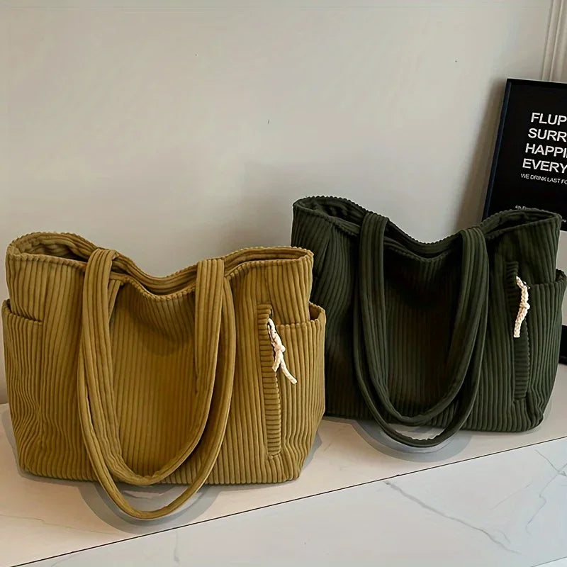 Bolso tote de pana espacioso con cremallera | Bolso de mano elegante