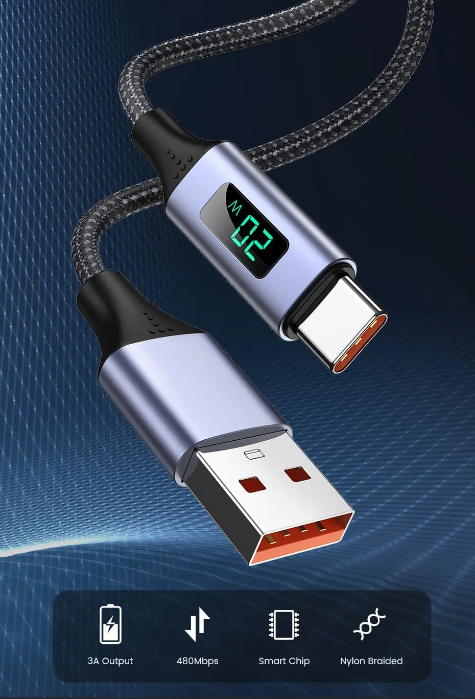 Fast Charging Micro USB & USB Type C Cable with Digital Display