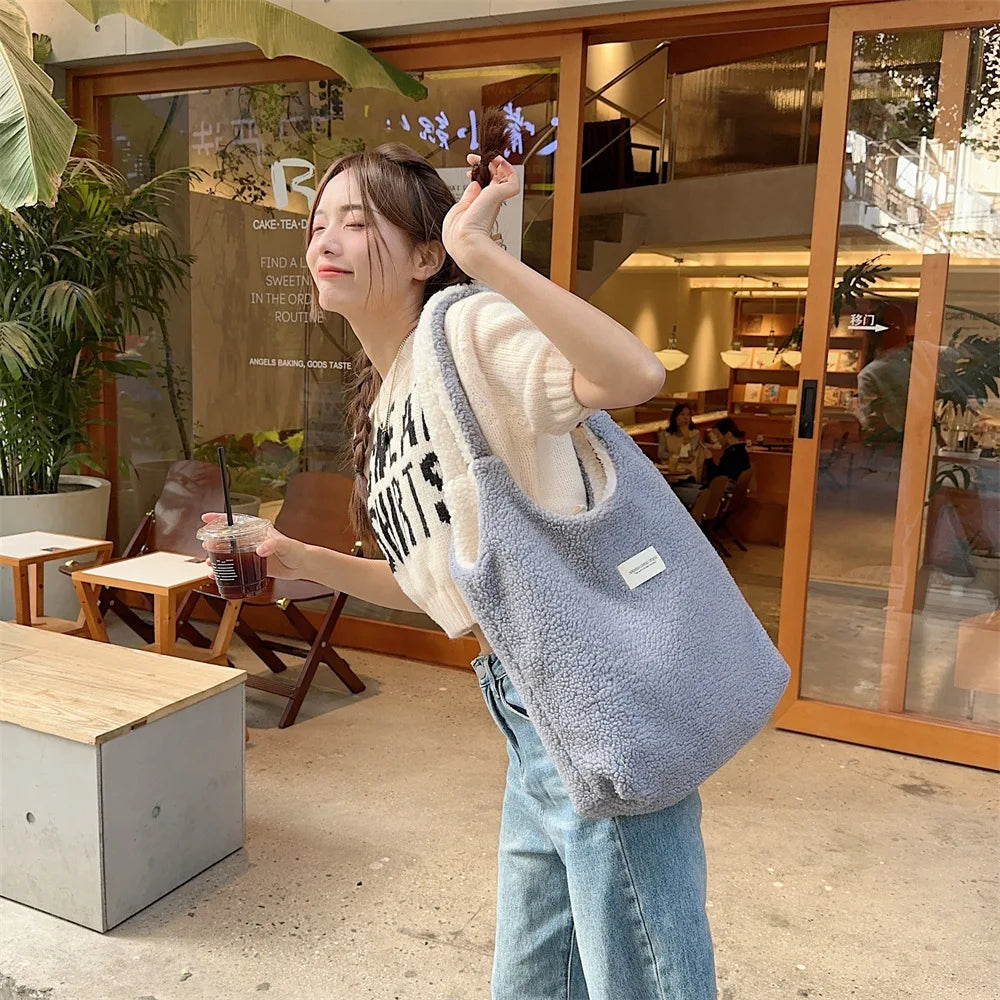 Reversible Plush Shoulder Bag for Women | Warm Fabric Tote