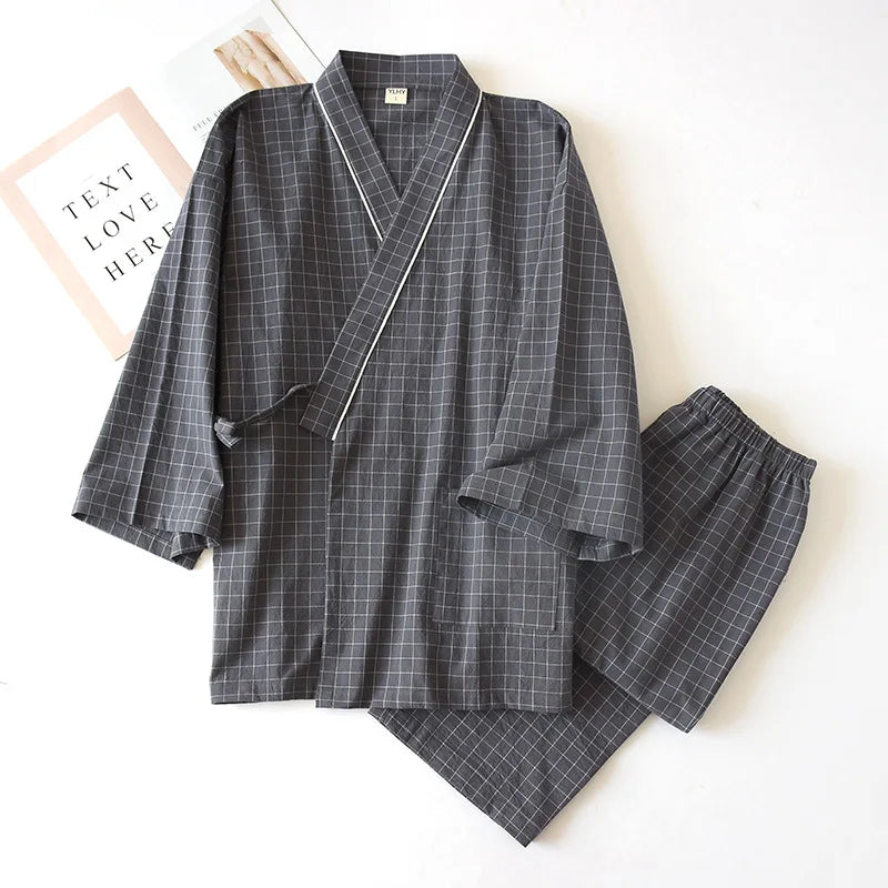 Spring Summer Japanese Pajama Sets Male 100% Cotton Spa Robe Sets Boxer High Quality Kimono Robes Men Plaid Home Hombre