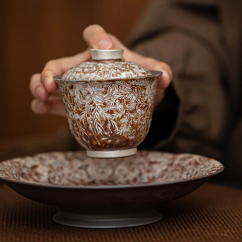Juego de té Gaiwan de plata dorada elegante | Exquisita vajilla de cerámica