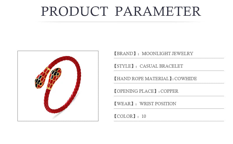 MOONLIGHT Classic Style Double Snake Head Cuff Bangles for Women Genuine Braided Leather Bracelets Female Fashion Jewelry Gifts