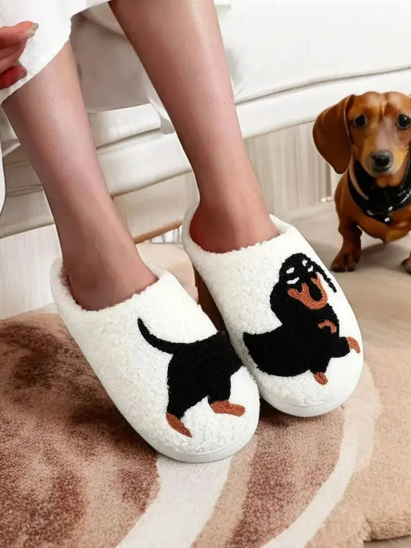 Dachshund Embroidered Plush Slippers | Cozy Winter Indoor Shoes