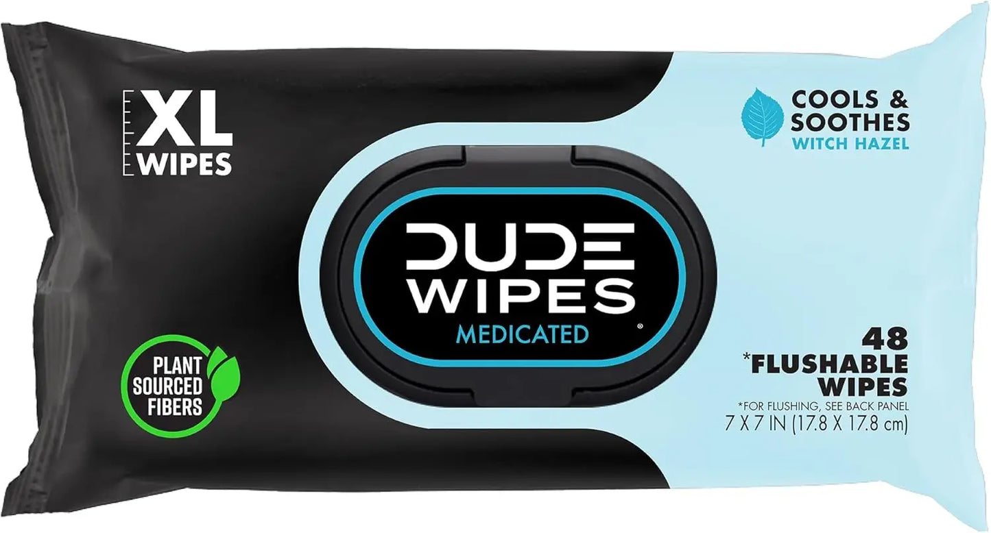 Fragrance Free Hemorrhoid Flushable Wipes - 48 Count - Extra Large, Medicated with Witch Hazel, Septic Safe