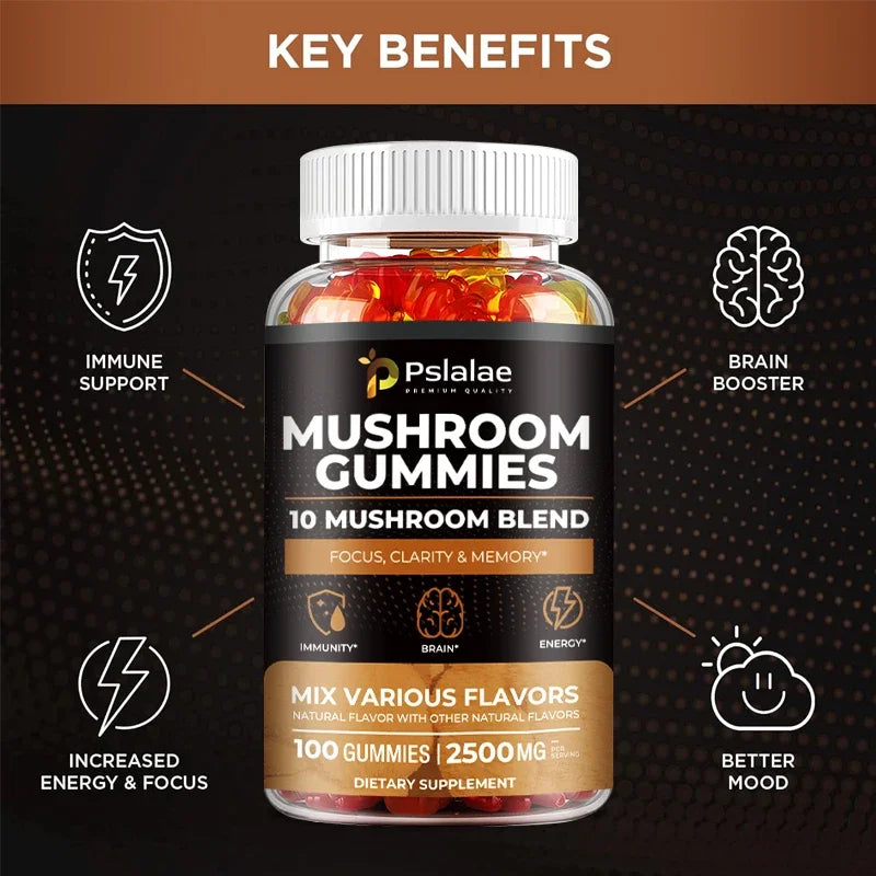 10-Strain Mushroom Gummies for Energy, Focus, and Stress Relief