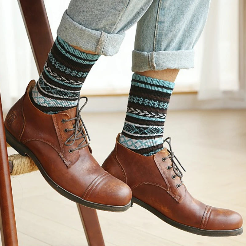 Men's Thick Cotton Mid Tube Socks | Warm Retro Ethnic Stripes