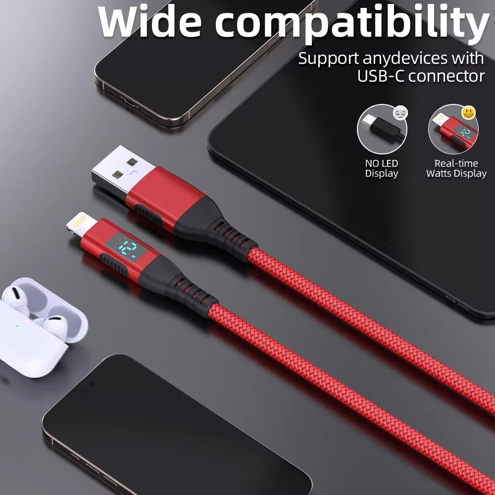 MFi Certified USB A to Lightning Fast Charging Cable with LED Display