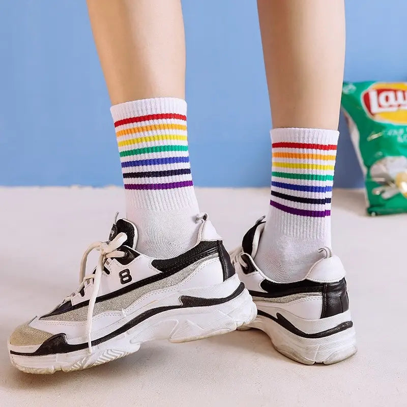 Trendy Women's Autumn Rainbow Striped Tube Socks | Stylish High Tops