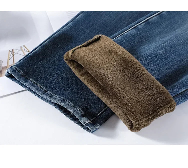 Women's Thickened Velvet Straight Jeans | Warm Fleece Pants