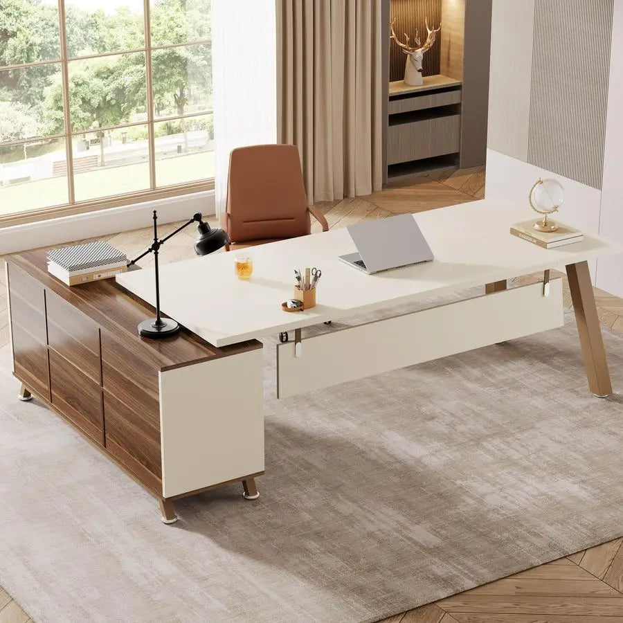 Spacious L-Shaped Executive Desk with Cabinet & Storage Shelves