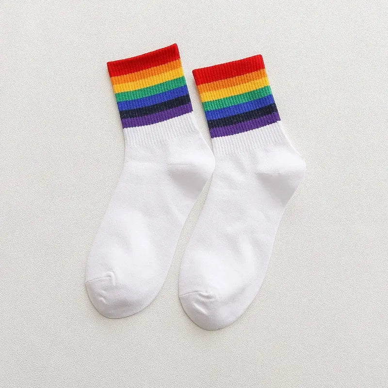Trendy Women's Autumn Rainbow Striped Tube Socks | Stylish High Tops
