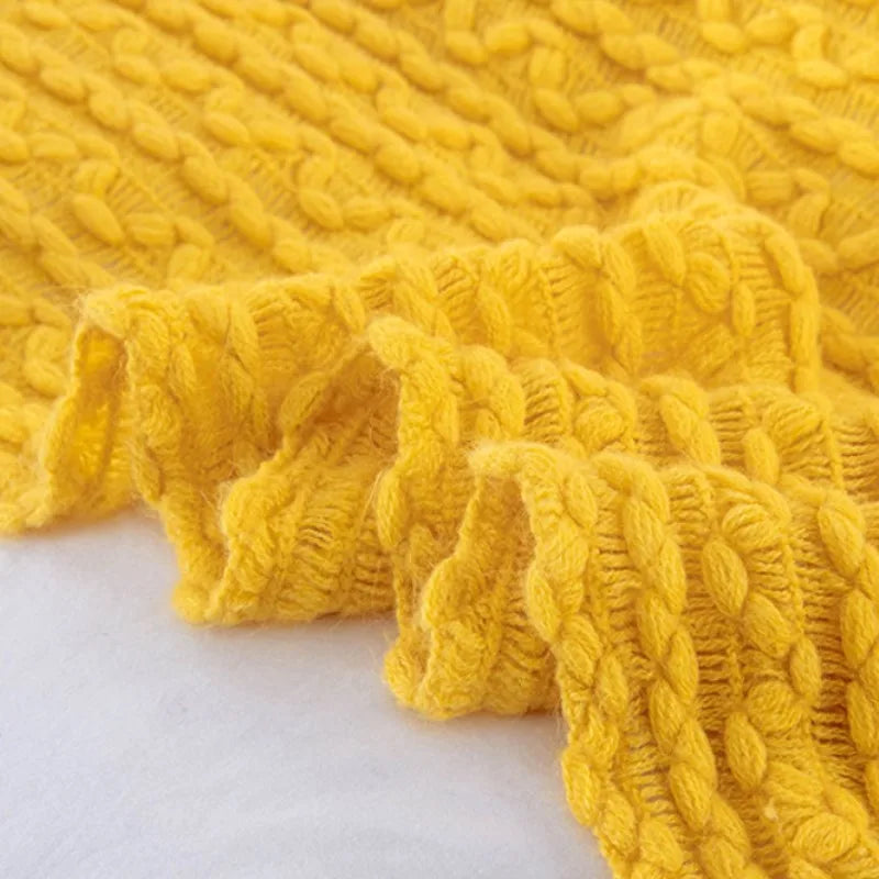 Cozy Yellow Boho Knitted Blanket | Soft Travel Nap Comfort