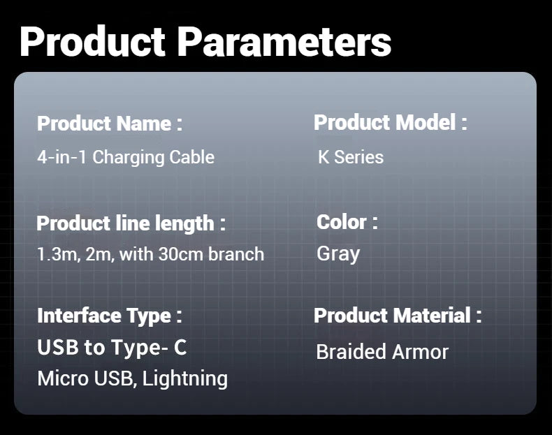 4-in-1 Multifunctional Charging Cable Supports USB-A to USB-C, Micro USB, and Braided Cables for Charging Multiple Devices