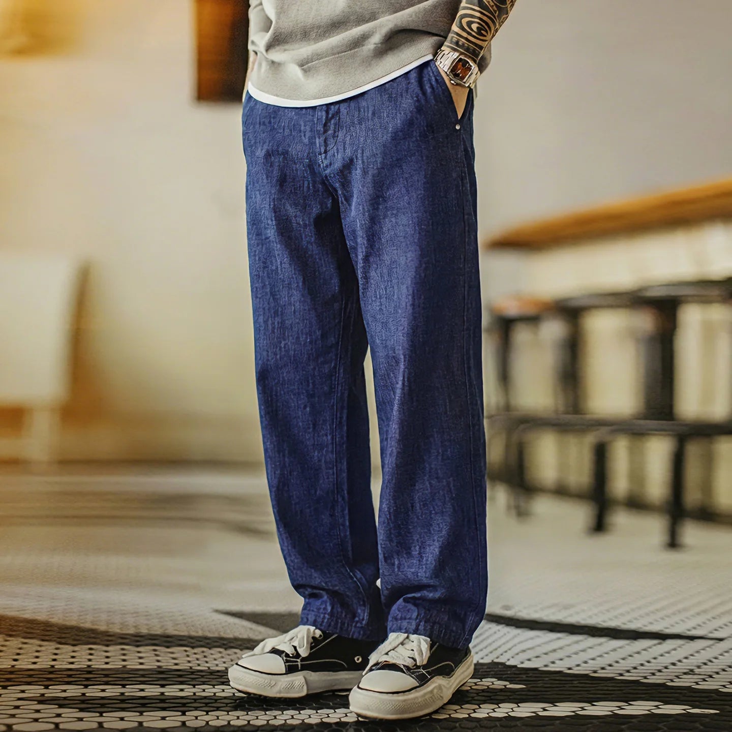Vaqueros holgados ligeros de mezclilla vintage para hombre | Pantalones casuales de pierna ancha