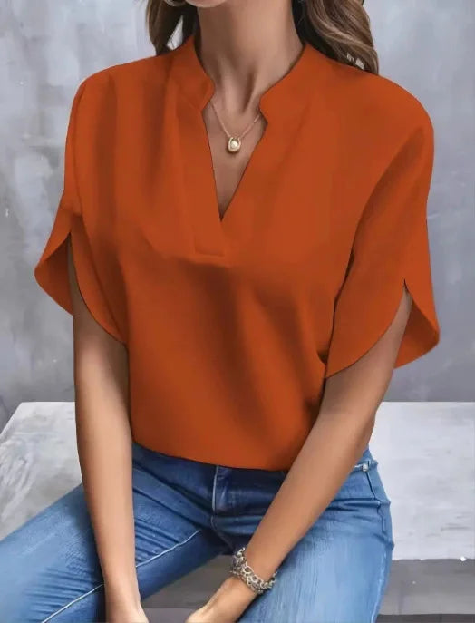 Women's Summer Solid Color Casual V-Neck Short Sleeve Shirt