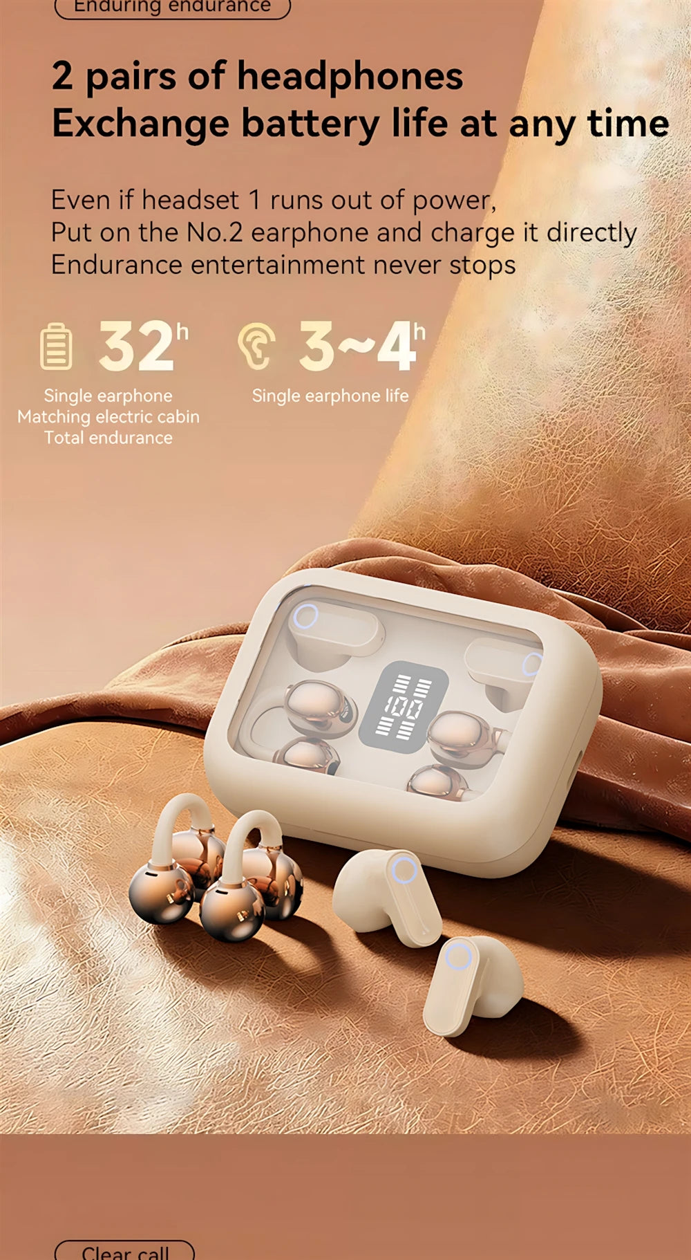 Wireless Earphones Open In-ear Type HIFI Bass 2in1 Bluetooth Headset High-definition Electric Quantity Digital Display Earplugs