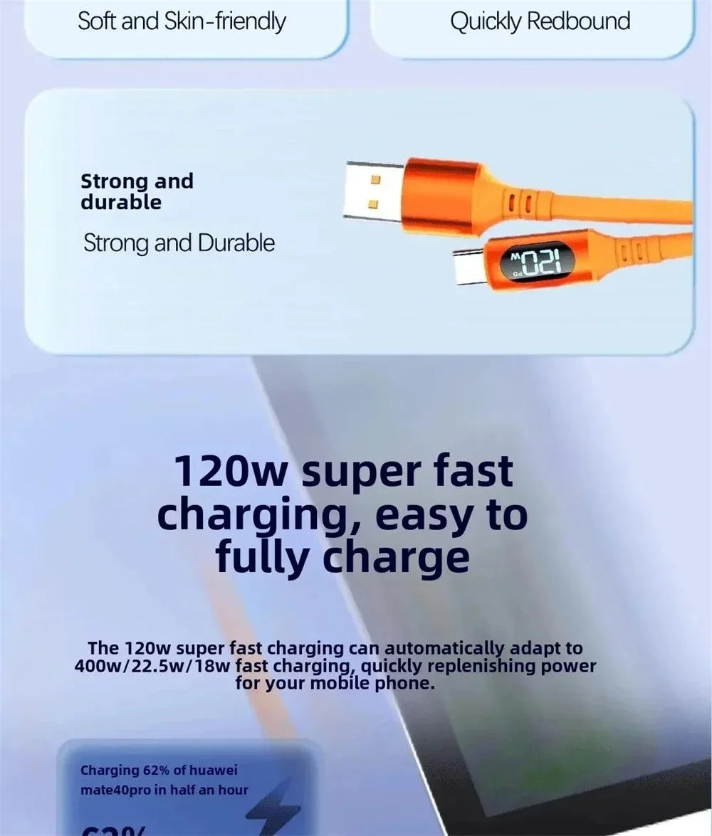 120W Fast Charging USB C Cable with Digital Display | Quick Charge Cord