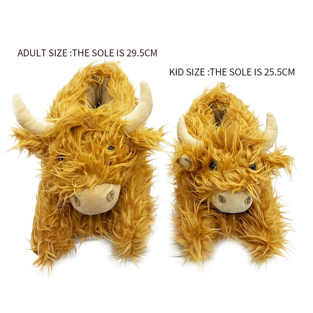 Winter Highland Cow Plush Slippers | Cute Fluffy Animal Slides