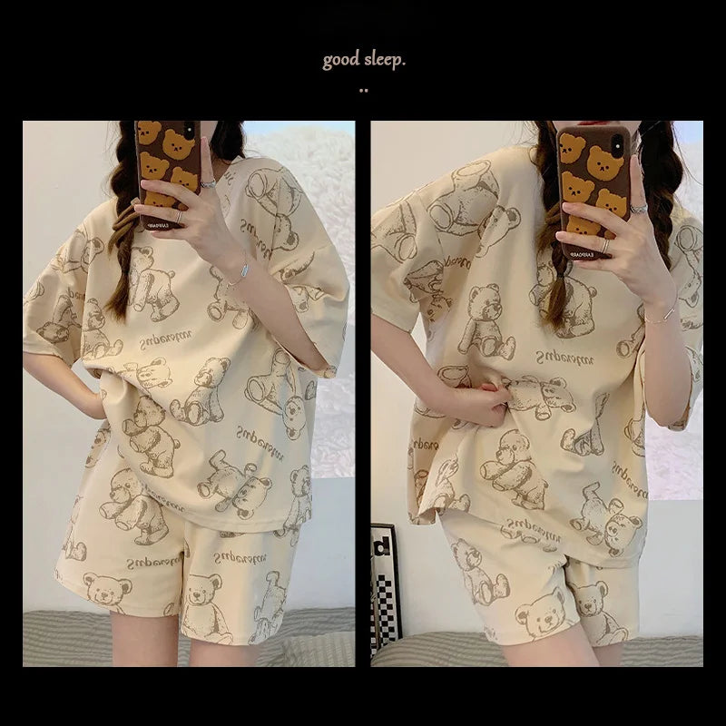 Plus Size Short Sleeve Pajamas for Women | Cute Cartoon Bear Design
