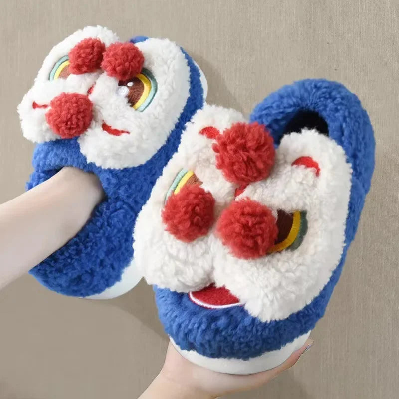 Cute Lion Dance Plush Slippers | Cozy Warm Winter Slides