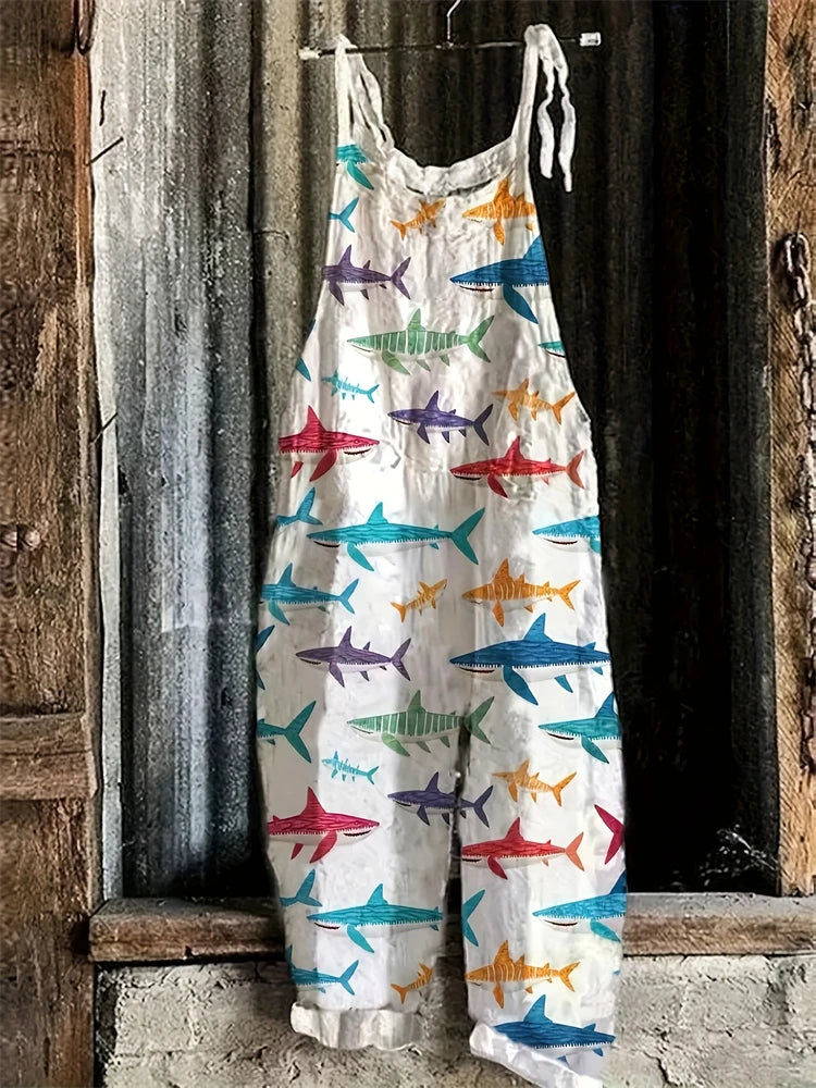 Stylish Women's Fish Print Suspender Jumpsuit for Summer Fun