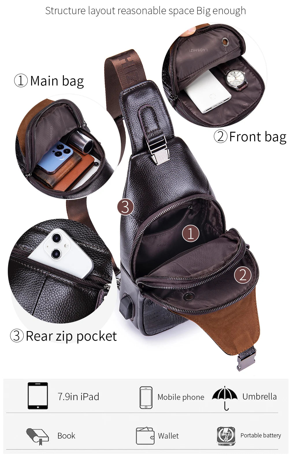 Men's Leather Crossbody Chest Bag | Multifunctional USB Bag