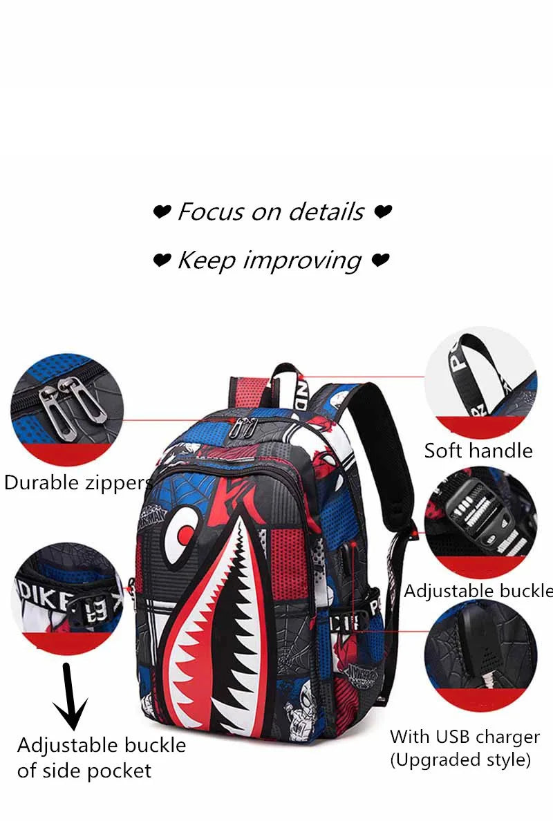 Cartoon Shark Print Backpack | Perfect School Rucksack for Kids