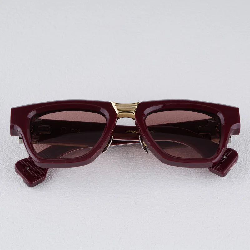 Luxurious Dark Red Thick Frame Sunglasses with Gold Details