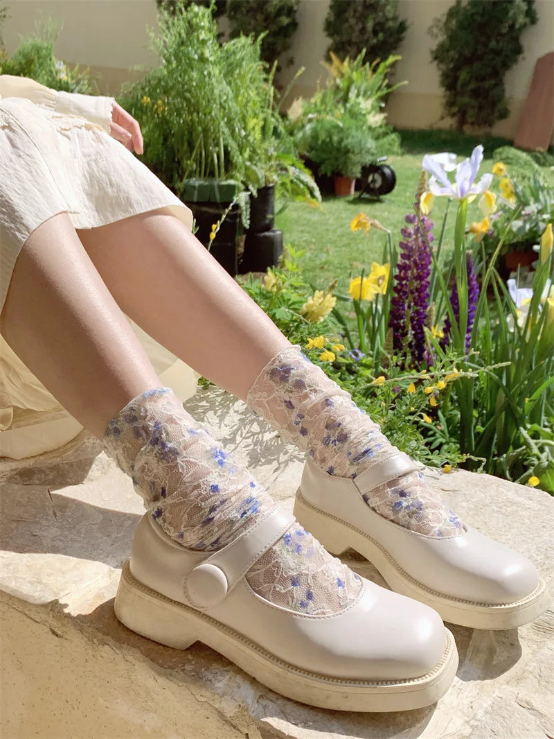 Stylish Korean Lace Flower Long Socks for Women | Breathable Comfort