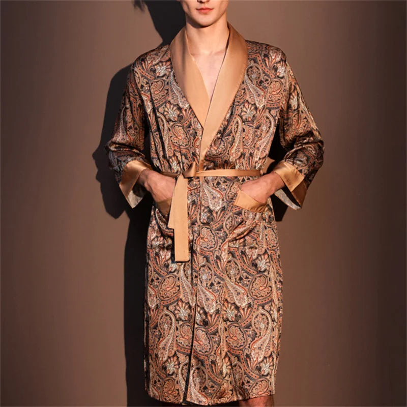 Spring Summer New Mens Robe Printed Bathrobe Kimono Gown Silky Satin Male Sleepwear Night Clothes Loose Casual Homewear Pajama